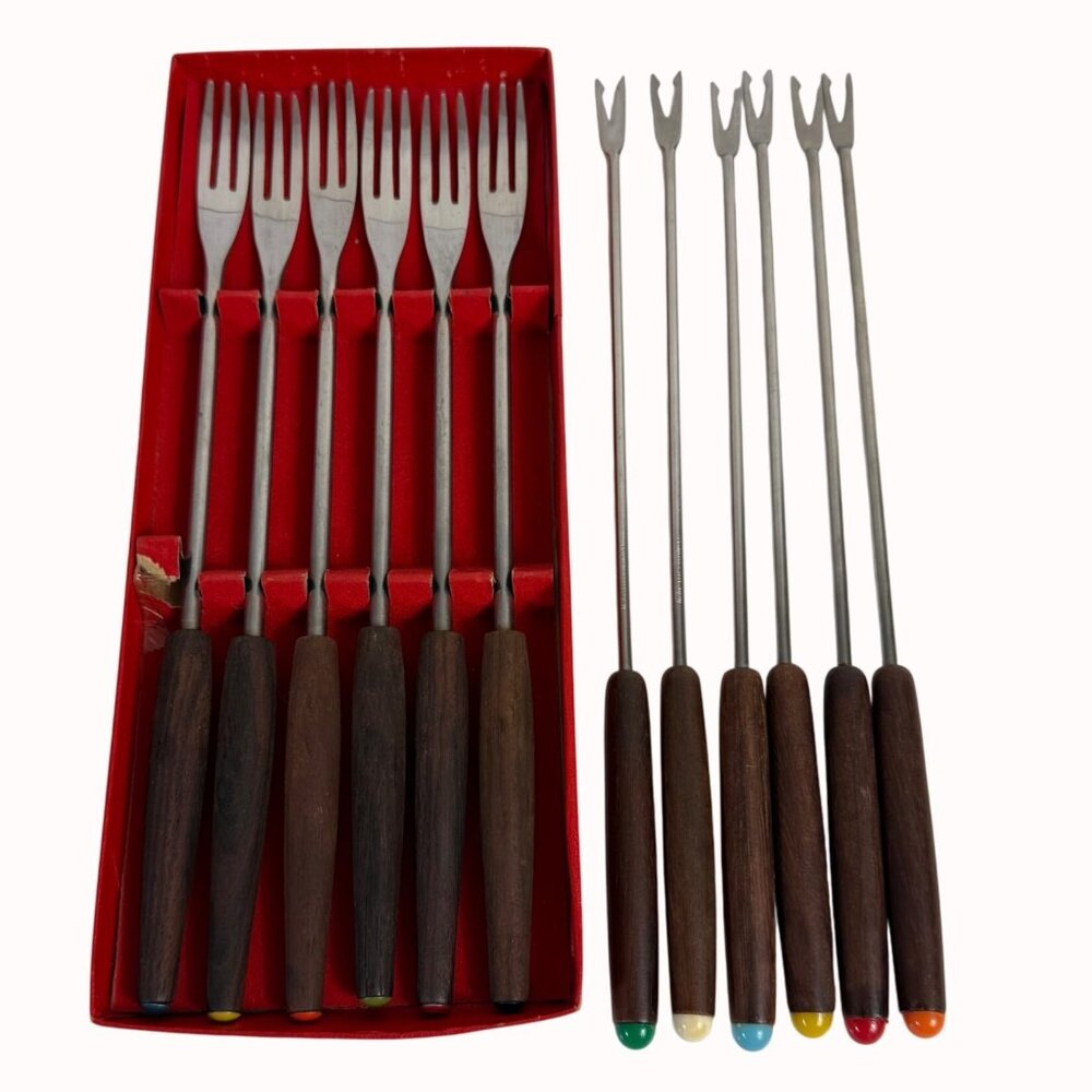 Vintage Fondue Fork Cocktail Set MCM Wooden Handles Color Tips Retro Kitchen